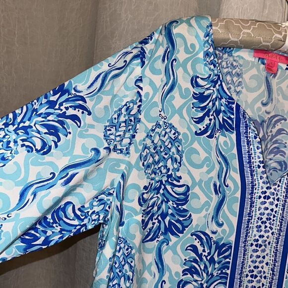 Lilly Pulitzer L Keona White Royal Bennett Blue Flounce Sleeve Tunic - Picture 9 of 15